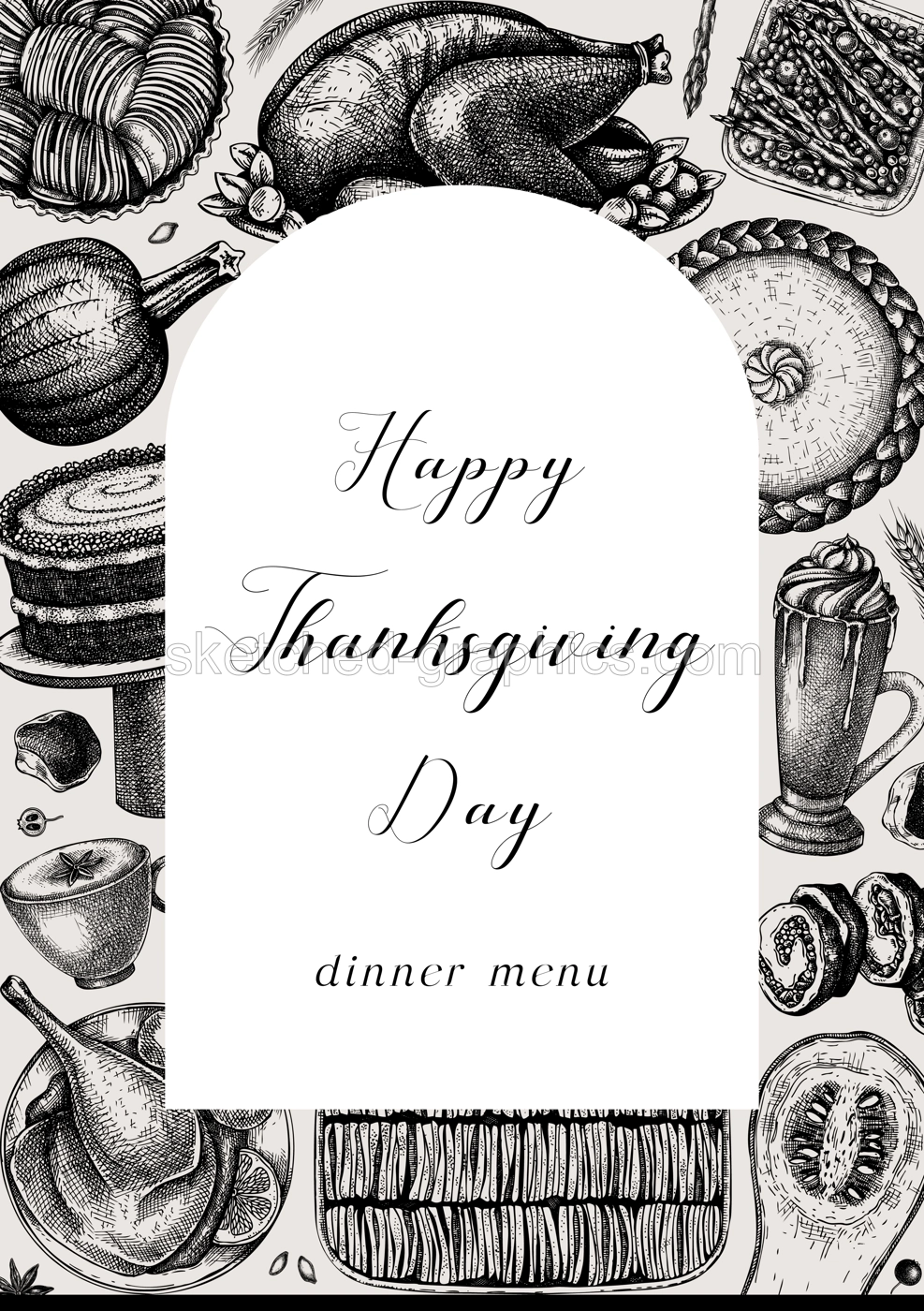 Happy Thanksgiving day template. Food and drinks sketches: roasted turkey, vegetables, baked goods, and desserts sketches. Vintage autumn food template. For Thanksgiving card or invitation design Illustration